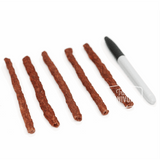 Five One Ingredient Beef Sticks, crunchy pet treats made from Argentine beef esophagus, arranged beside a marker for scale, highlighting their 6-inch length.