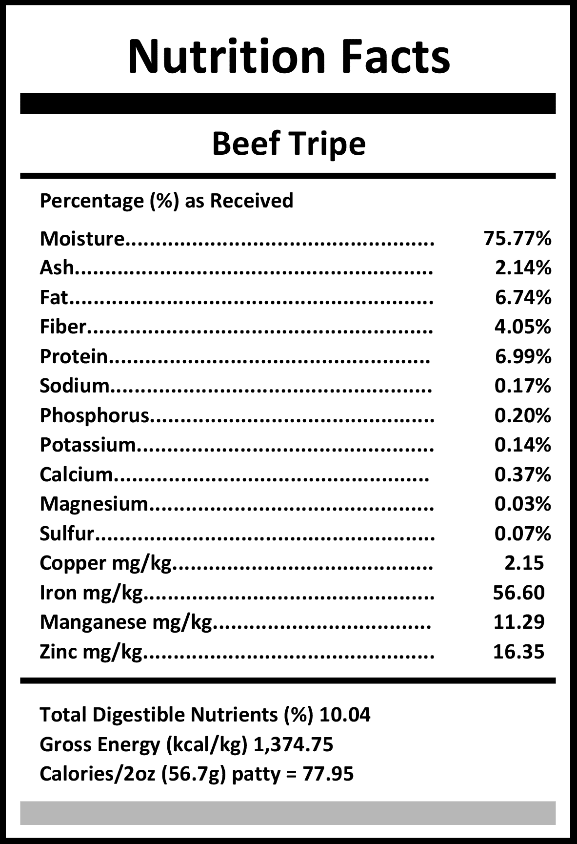 Pixies by Carnivora Green Beef Tripe Mini Patties, frozen raw, featuring a Nutrition Facts panel highlighting moisture, fat, fiber, protein, and essential minerals for pets.