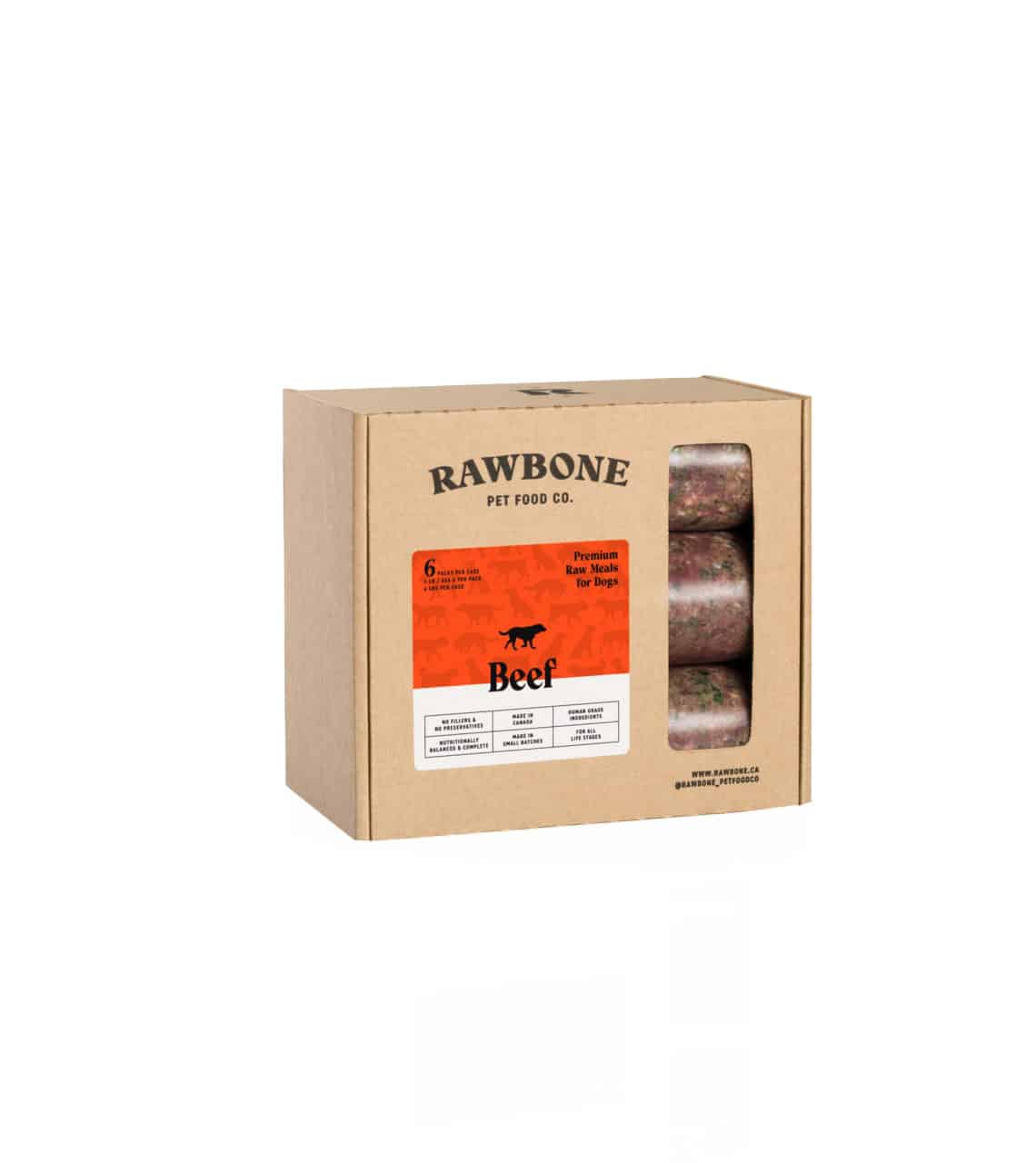 Rawbone Mixed Protein Beef Meal box with six raw rolls, highlighting no fillers, human-grade ingredients, and premium raw meals for dogs.