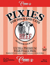 Pixies by Carnivora Beef Mini Patties packaging label; features 16 frozen raw 2oz patties for dogs and cats, highlighting whole-prey nutrition made in Canada.