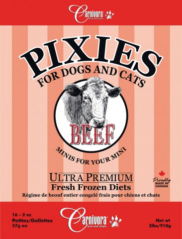 Pixies by Carnivora Beef Mini Patties packaging label; features 16 frozen raw 2oz patties for dogs and cats, highlighting whole-prey nutrition made in Canada.
