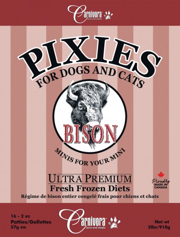 Pixies by Carnivora Bison Mini Patties for pets, frozen raw diet, 16 x 2 oz patties, ultra-premium whole-prey nutrition, made in Canada.