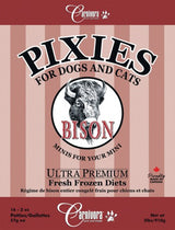 Pixies by Carnivora Bison Mini Patties for pets, frozen raw diet, 16 x 2 oz patties, ultra-premium whole-prey nutrition, made in Canada.