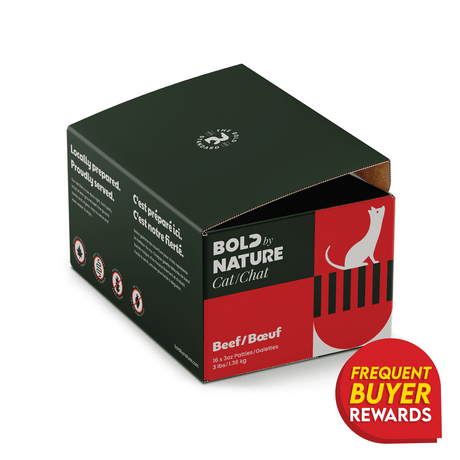Bold By Nature Beef for Cats box, featuring bilingual text, 16 patties label, cat logo, and Frequent Buyer Rewards badge, highlighting raw, nutrient-rich cat food.