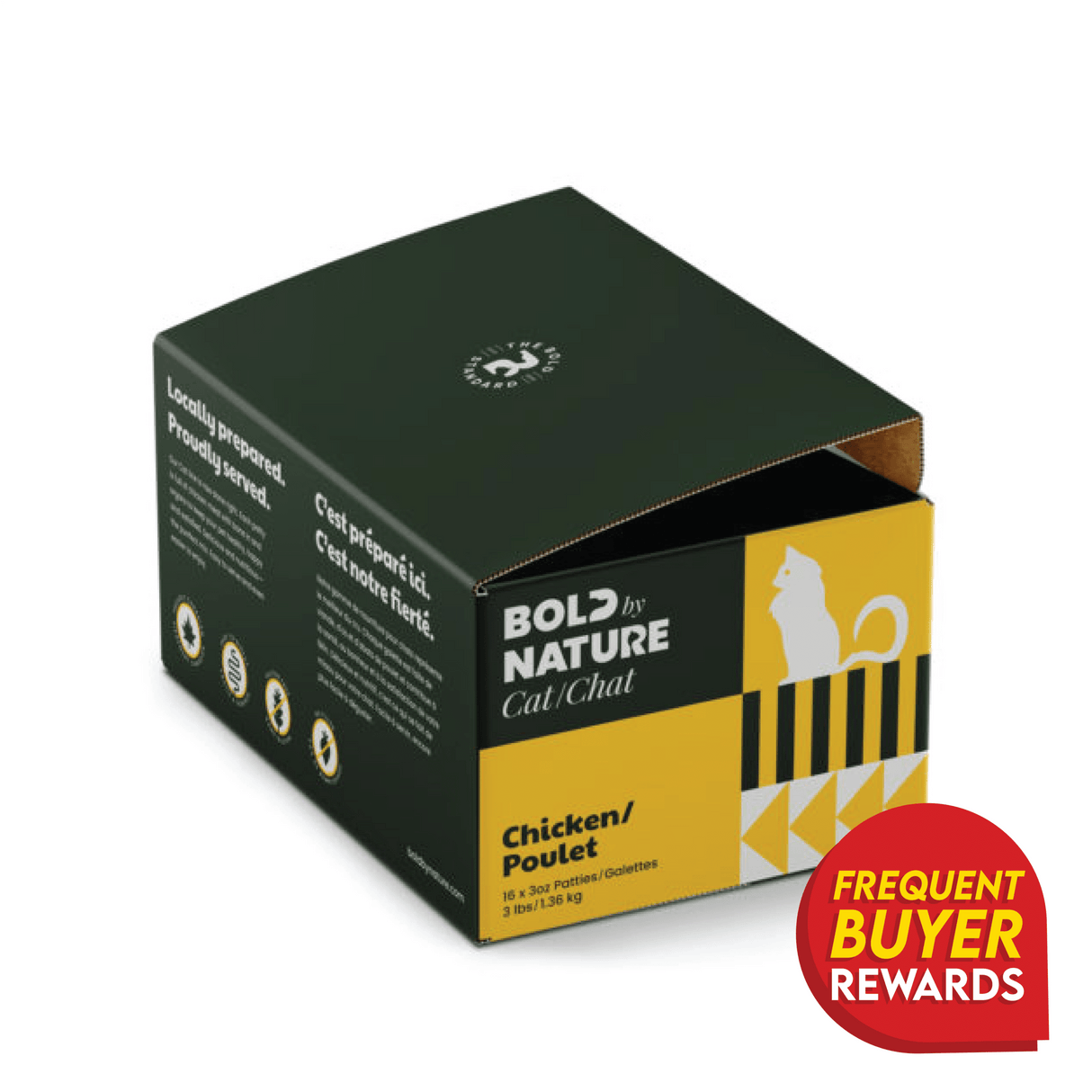 Bold By Nature Chicken for Cats: 9 lb carton with 16 patties, featuring Frequent Buyer Rewards badge, highlights single-protein, nutrient-rich chicken recipe for feline health.