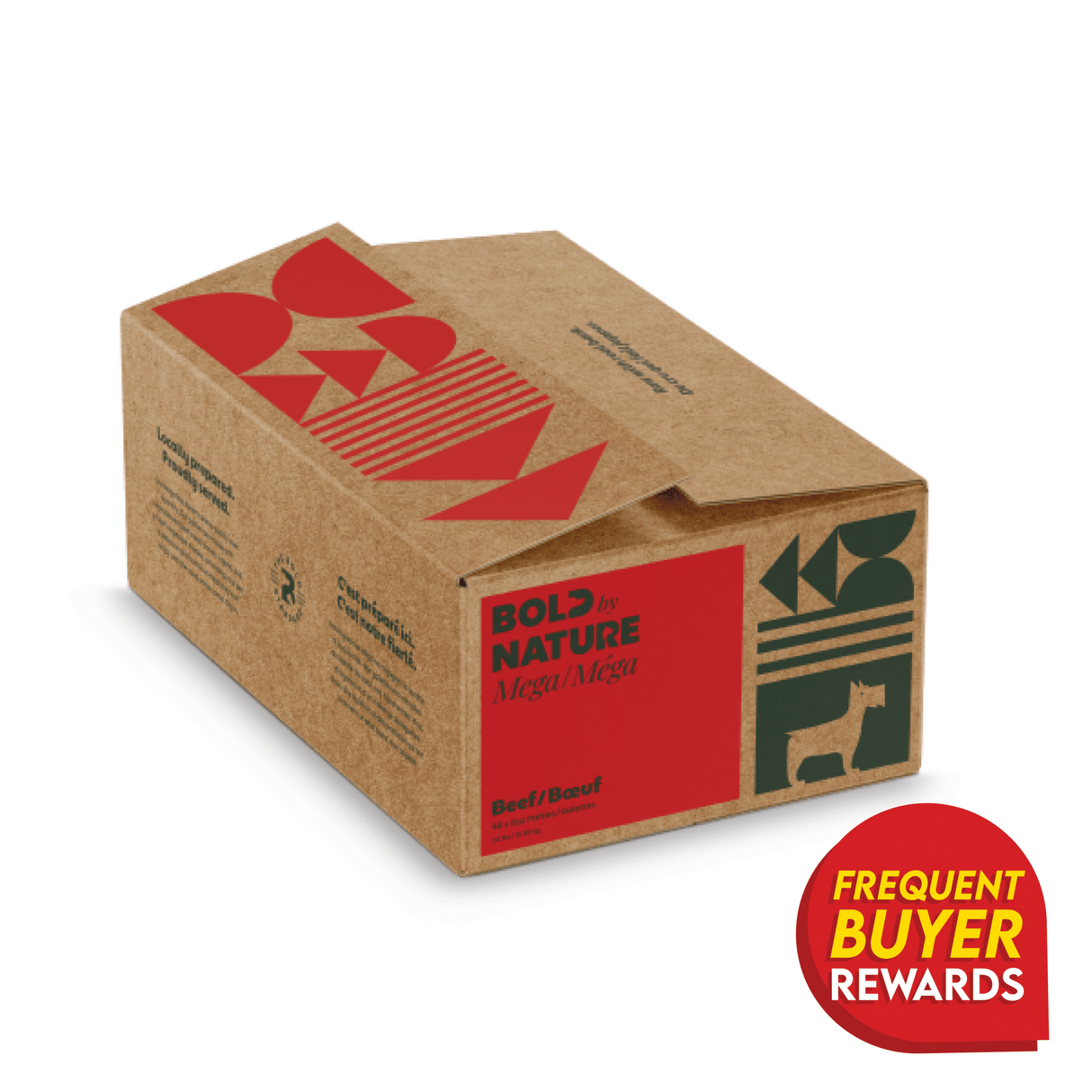 Bold by Nature Mega Beef for Dogs packaging, featuring geometric graphics, dog silhouette, and Frequent Buyer Rewards badge; bulk frozen raw beef patties for dogs.