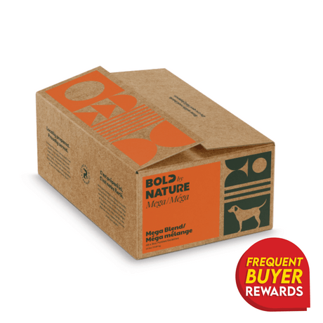 Bold by Nature Mega Blend for Dogs in a branded box with geometric graphics, featuring a Frequent Buyer Rewards badge, indicating part of a loyalty program.