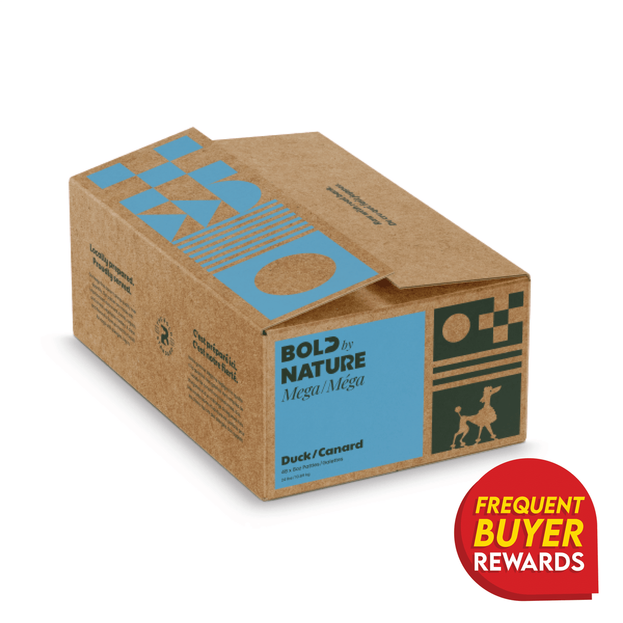 Bold by Nature Mega Duck for Dogs packaging features bright blue and dark-green graphics, showcasing duck-flavored, allergy-friendly raw patties with a poodle silhouette and rewards badge.