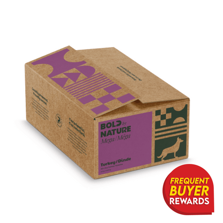 Bold by Nature Mega Turkey for Dogs packaging with dog silhouette, purple/green graphics, and Frequent Buyer Rewards badge. Freeze-dried raw dog food with lean turkey protein.