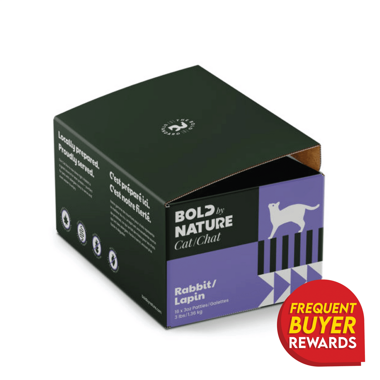 Bold By Nature Rabbit for Cats box, showing logo, rabbit flavor, 16 patties claim, and Frequent Buyer Rewards badge; highlights lean, hypoallergenic formula for cats with dietary needs.