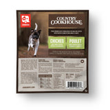 Caravan Country Cookhouse Chicken dog meal pouch, featuring a running dog graphic, nutrition details, and instructions for a complete, balanced canine diet.