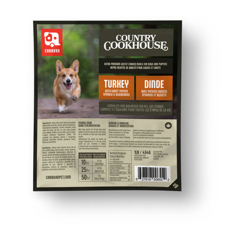 Caravan Country Cookhouse Turkey dog meal pouch label featuring a corgi on a woodland path, emphasizing turkey with sweet potato, spinach, and blueberries.