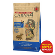 Carna4 Chicken Dry Cat Food bag featuring synthetic-free, grain-free claims, fresh chicken ingredients, and a Frequent Buyer Rewards badge, with a stylized woman and cat illustration.
