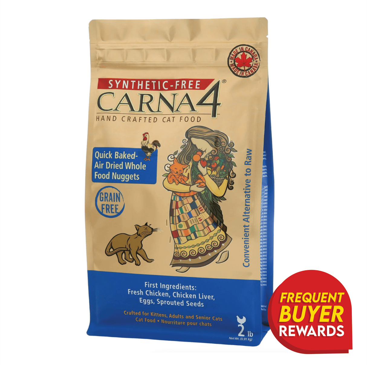Carna4 Chicken Dry Cat Food bag featuring synthetic-free, grain-free claims, fresh chicken ingredients, and a Frequent Buyer Rewards badge, with a stylized woman and cat illustration.