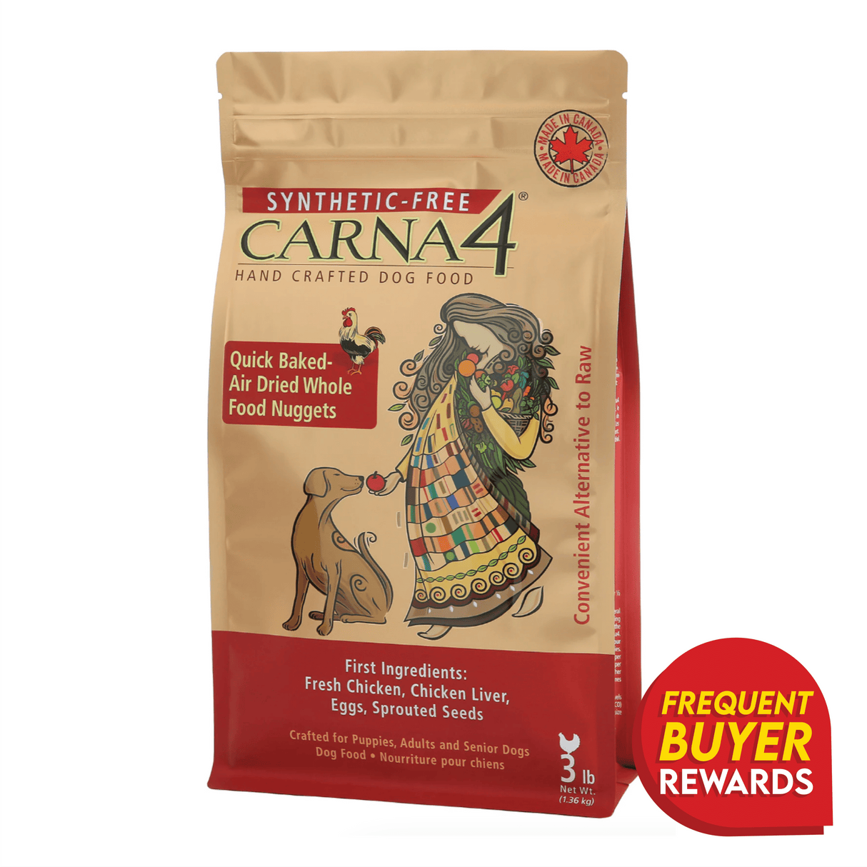 Carna4 Chicken - Synthetic-Free Dry Dog Food: 3 lb. bag of quick-baked, air-dried nuggets with fresh chicken, liver, eggs, sprouted seeds, and frequent buyer rewards.