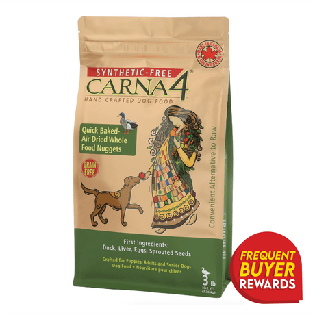 Carna4 Duck - Synthetic Free Dry Dog Food in a 3 lb bag, featuring duck, liver, eggs, sprouted seeds, for all dog life stages, with rewards badge.