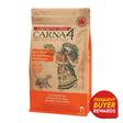 Carna4 Fish Dry Cat Food, a 2-lb. bag with grain-free, air-dried nuggets. Features herring, perch, and salmon; includes “Made in Canada” and “Frequent Buyer Rewards” badges.
