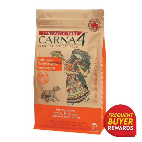 Carna4 Fish Dry Cat Food, a 2-lb. bag with grain-free, air-dried nuggets. Features herring, perch, and salmon; includes “Made in Canada” and “Frequent Buyer Rewards” badges.
