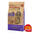 Bag of Carna4 Fish - Synthetic Free Dry Dog Food, featuring Easy-Chew nuggets, quick-baked with herring, perch, eggs, sprouted seeds; includes Frequent Buyer Rewards badge.