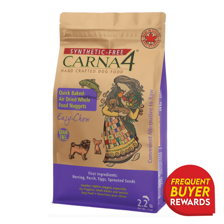Bag of Carna4 Fish - Synthetic Free Dry Dog Food, featuring Easy-Chew nuggets, quick-baked with herring, perch, eggs, sprouted seeds; includes Frequent Buyer Rewards badge.