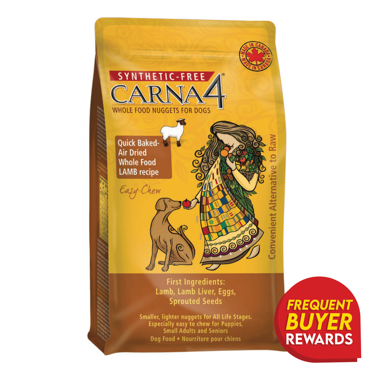 Carna4 Lamb for Dogs: Yellow-orange pouch of air-dried, whole-food dog nuggets featuring lamb, easy-chew, Canadian-made, with buyer rewards badge.