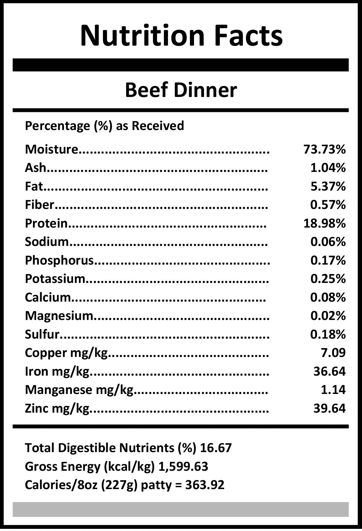 Carnivora Beef Dinner (with 5% Veg & Fruit) features a detailed nutrition label highlighting its composition, emphasizing whole-prey ingredients with added vegetables and fruits for pets.
