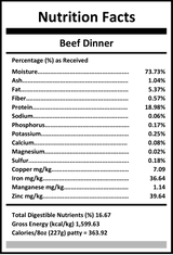 Carnivora Beef Dinner (with 5% Veg & Fruit) features a detailed nutrition label highlighting its composition, emphasizing whole-prey ingredients with added vegetables and fruits for pets.
