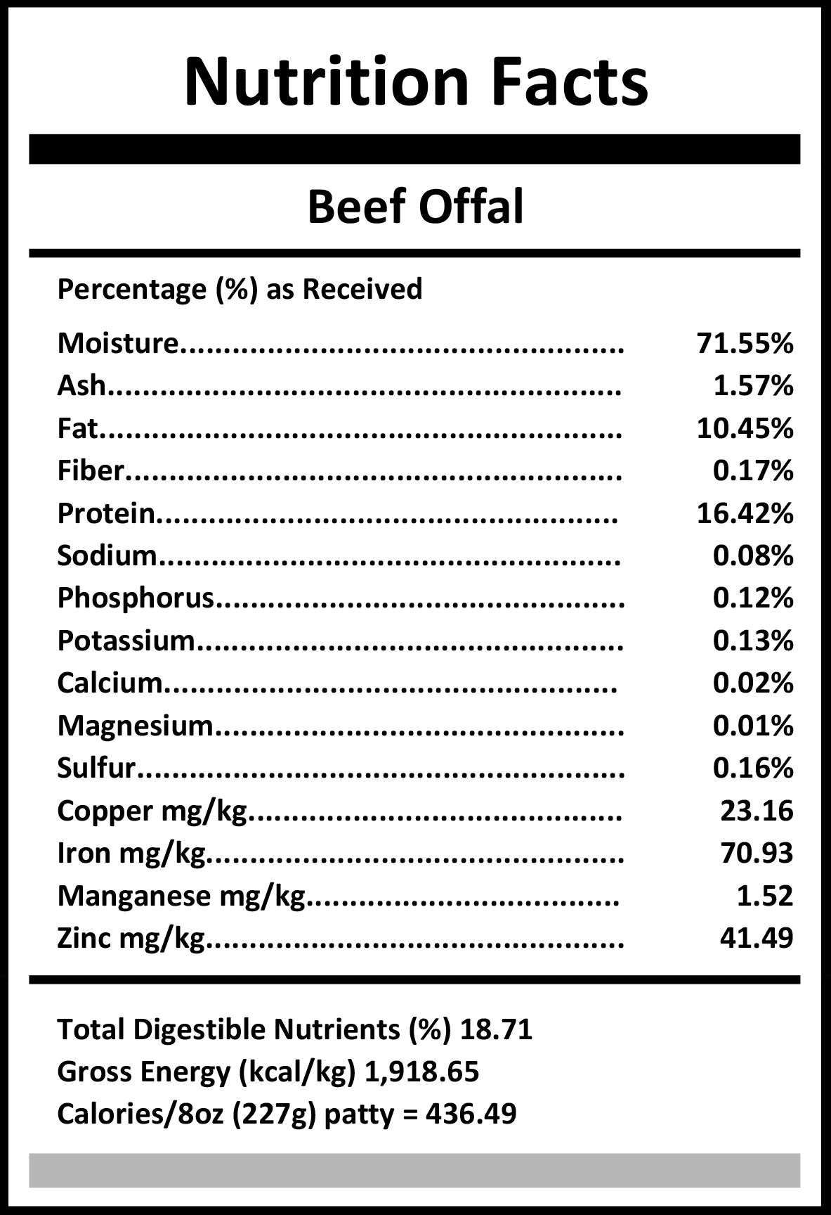 Carnivora Beef Offal nutrition facts panel highlights moisture, protein, fat, key minerals, and energy values, emphasizing nutrient-dense benefits for pets' health.