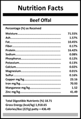 Carnivora Beef Offal nutrition facts panel highlights moisture, protein, fat, key minerals, and energy values, emphasizing nutrient-dense benefits for pets' health.