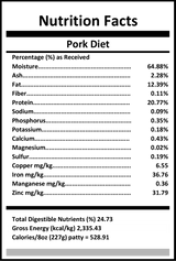 Carnivora Pork Diet label showing nutritional breakdown with protein, fat, minerals, and energy values, emphasizing whole-prey pork nutrition for pets.