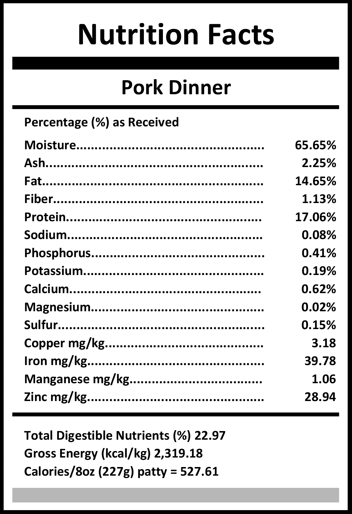 Carnivora Pork Dinner label showing nutrition facts: 65.65% moisture, 17.06% protein, 14.65% fat, plus vitamins, minerals, and 5% vegetables and fruits for dogs.