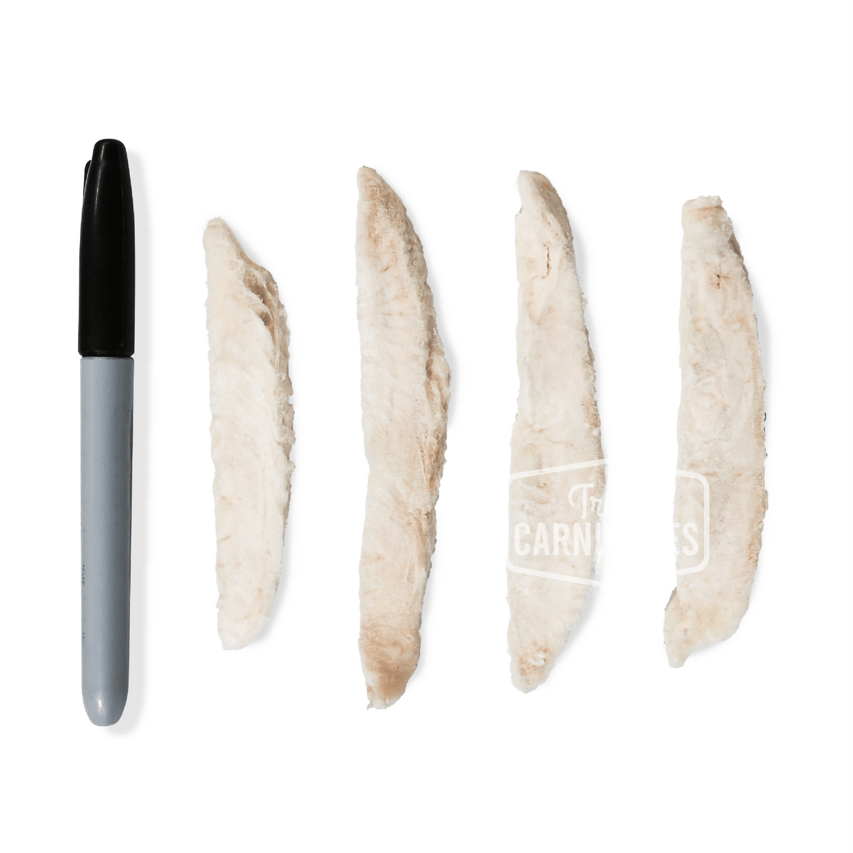 Cryogenically Freeze-Dried Catfish Fillet 40g: Four off-white strips of freeze-dried catfish, ideal low-fat treat for pets, with marker for scale.