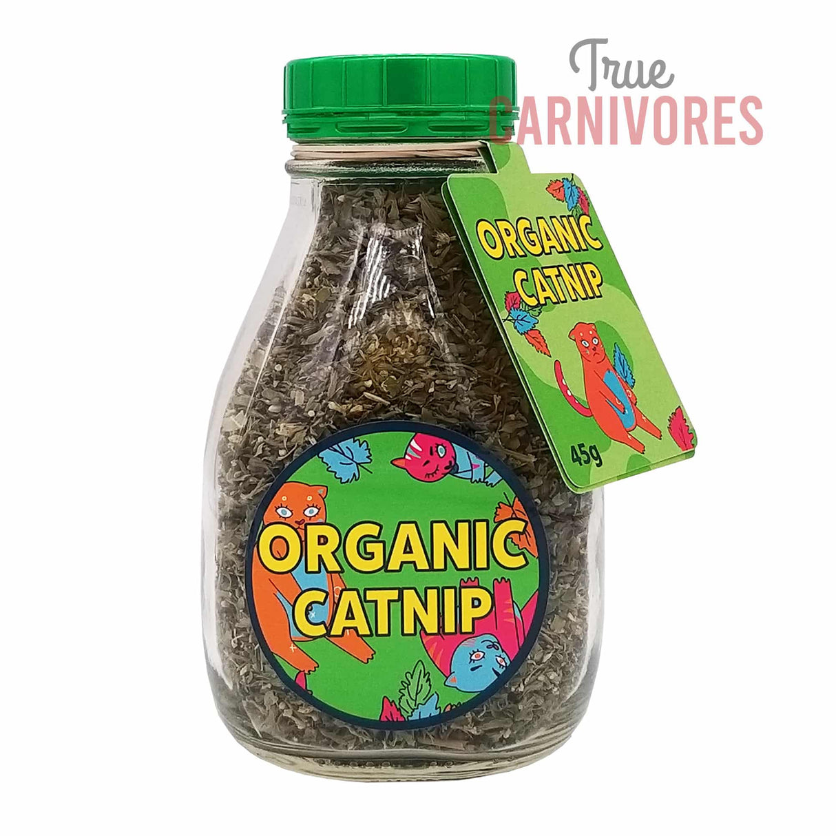 Clear jar with green lid, labeled ORGANIC CATNIP (45g), featuring cartoon cats. Contains dried organic catnip for feline enrichment and relaxation.