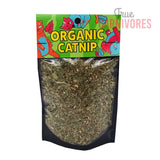 Sealed pouch of Organic Catnip with visible shredded leaves, featuring a colorful label with playful cat illustrations. Ideal for cat enrichment, play, or relaxation.