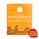 Open Farm Gently Cooked Harvest Chicken Recipe dog food in a 4-lb orange carton, featuring human-grade ingredients and a Frequent Buyer Rewards badge.