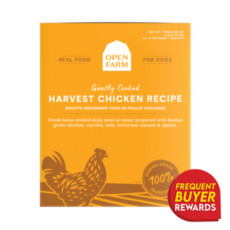 Open Farm Gently Cooked Harvest Chicken Recipe dog food in a 4-lb orange carton, featuring human-grade ingredients and a Frequent Buyer Rewards badge.