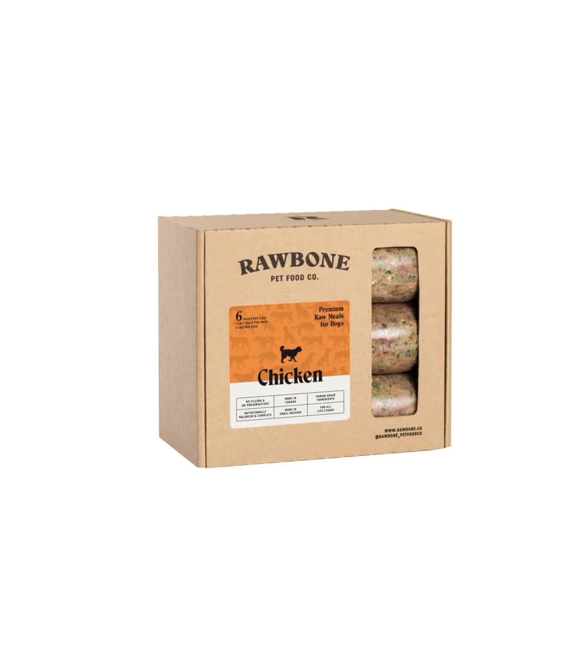 Rawbone Mixed Protein Chicken Meal box showing frozen log-shaped portions through a window; labeled for easy rotation feeding with chicken and complementary proteins.