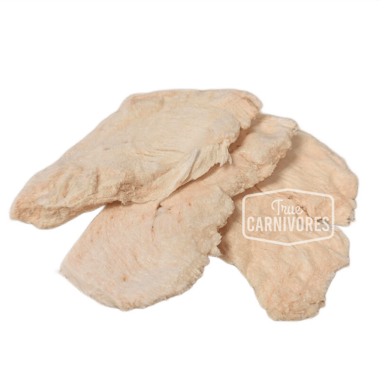 Cryogenically Freeze-Dried Chicken Breast Cutlets 60g, thin, pale slabs ideal for cat training or as a food topper, in a resealable bag.