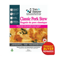 Tom & Sawyer Classic Pork Stew dog food pouch, featuring pork, vegetables, and optimal Omega blend. Gluten-free, human-edible, non-GMO, made in Canada, with rewards badge.