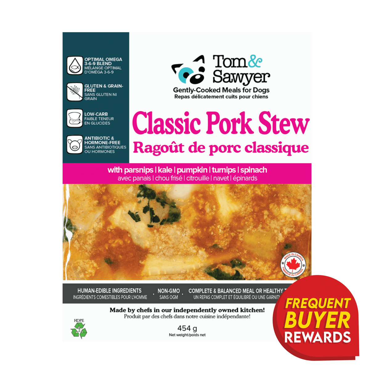 Tom & Sawyer Classic Pork Stew dog food pouch, featuring pork, vegetables, and optimal Omega blend. Gluten-free, human-edible, non-GMO, made in Canada, with rewards badge.