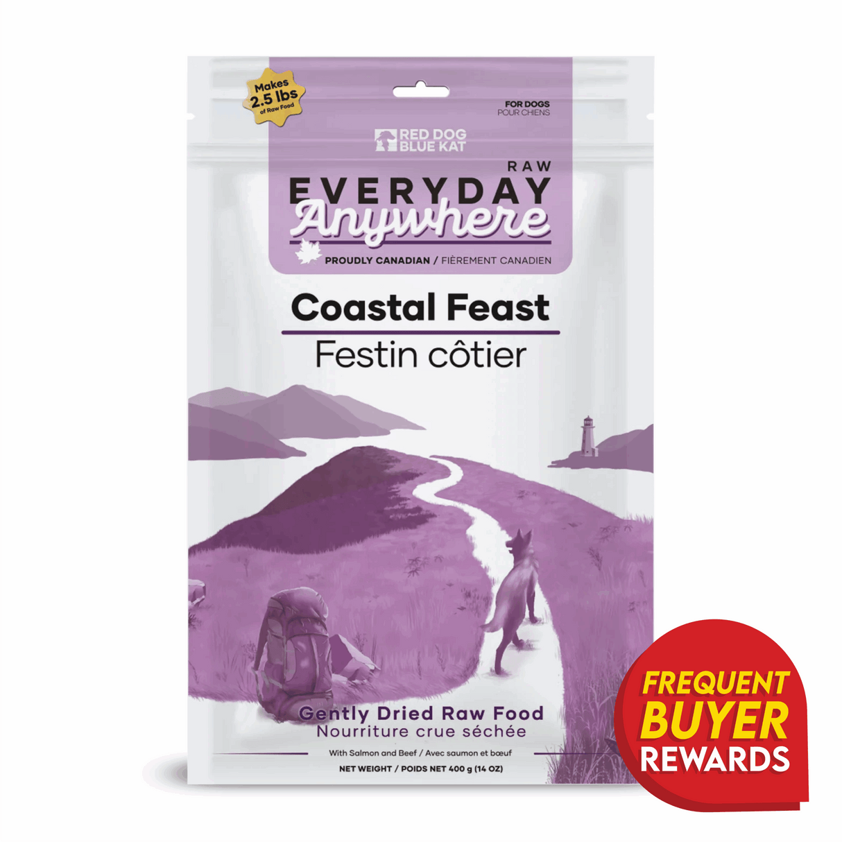 RDBK Everyday Raw Anywhere Coastal Feast for Dogs packaging highlights salmon and beef raw food, 400g, with Canadian pride and buyer rewards badge.