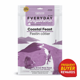RDBK Everyday Raw Anywhere Coastal Feast for Dogs packaging highlights salmon and beef raw food, 400g, with Canadian pride and buyer rewards badge.