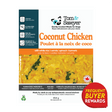 Tom & Sawyer Coconut Chicken dog meal label, highlighting gently-cooked chicken with coconut, low-fat, gluten-free, antioxidants, 454g, made in Canada, human-edible ingredients.
