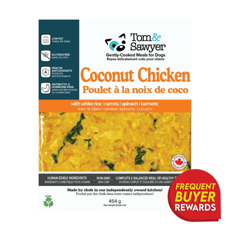 Tom & Sawyer Coconut Chicken dog meal label, highlighting gently-cooked chicken with coconut, low-fat, gluten-free, antioxidants, 454g, made in Canada, human-edible ingredients.