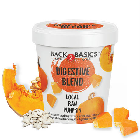 Back 2 Basics Digestive Blend tub with Local Raw Pumpkin label, surrounded by pumpkin seeds, wedges, and cubes, highlighting its digestive support ingredients.