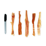 One Ingredient Beef Dental Picks – 10 Pack, shown with a pen for scale, featuring six dehydrated beef tendon chews, each approximately 6–8 long, ideal for small to medium dogs.