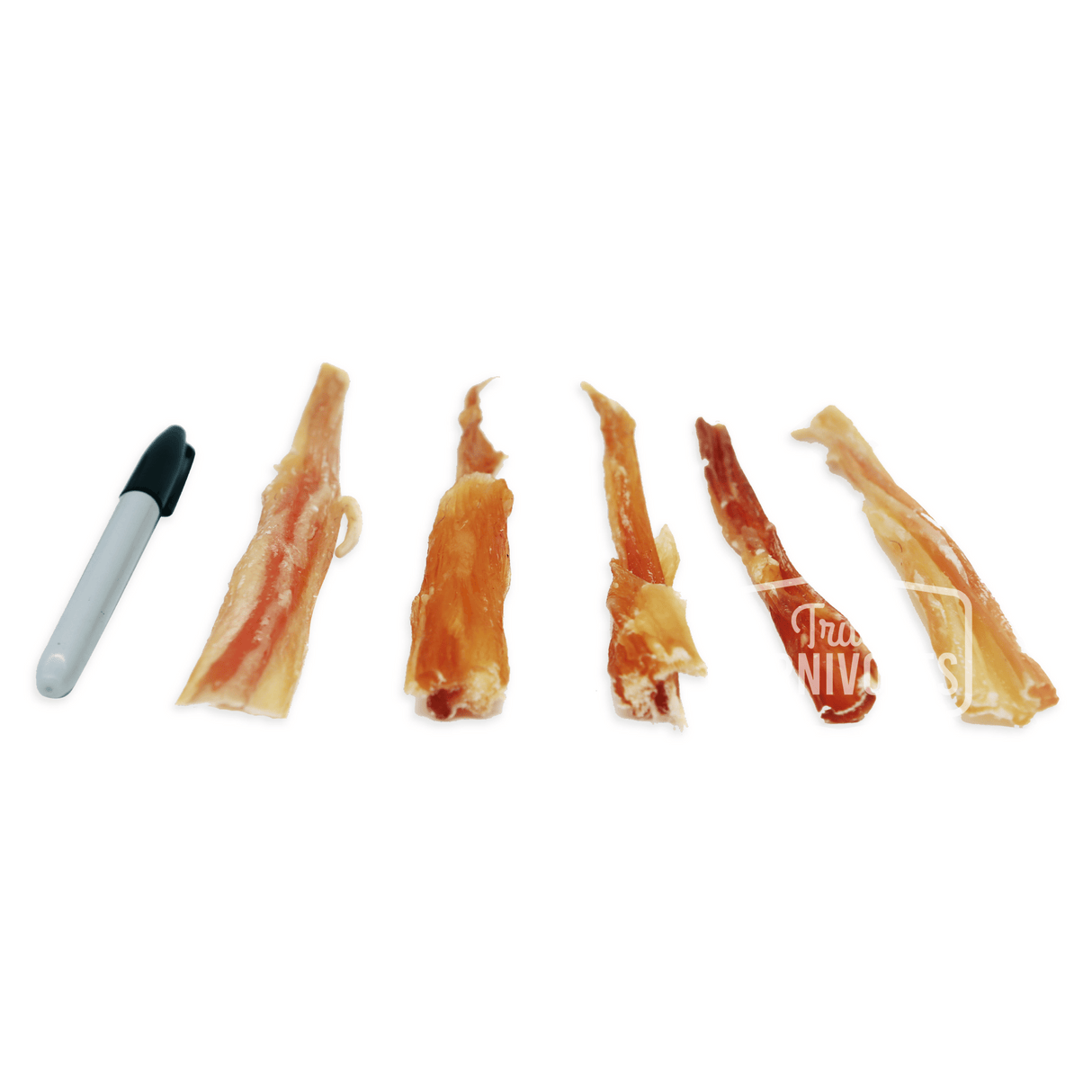 One Ingredient Beef Dental Picks – 10 Pack, displayed with a marker for scale, features five irregularly shaped dehydrated beef tendon strips for dogs.