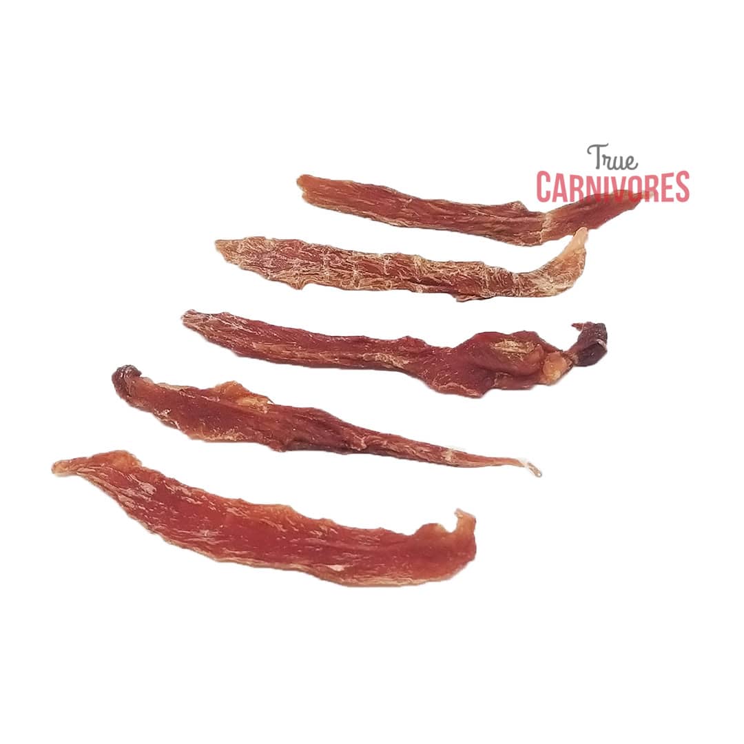 One Ingredient Dehydrated Duck Breast Fillet 100g, featuring five thin strips of Canadian duck, gently dehydrated for pure protein, ideal for pet treats.