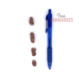 Four irregularly-shaped brown nuggets of One Ingredient Freeze Dried Duck Bites 60g, alongside a blue pen for scale, highlight their compact size.