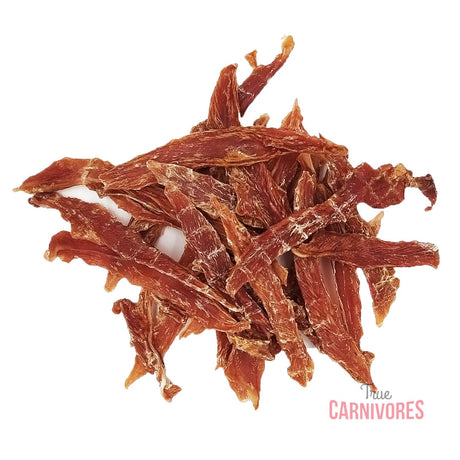 One Ingredient Dehydrated Duck Breast Fillet 100g, showing a small pile of lean, dehydrated duck strips, ideal for sensitive pets, crafted in Canada.